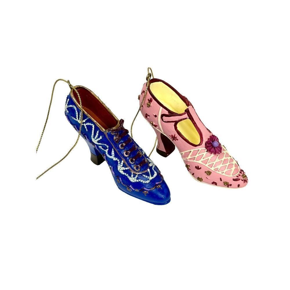 2 Vintage Beautiful Victorian Blue Pink Heeled Shoes Christmas Holiday Ornaments